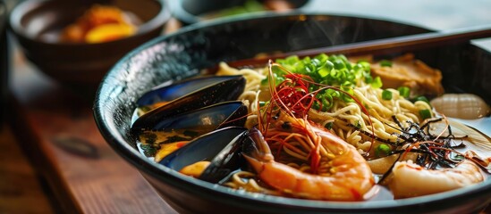 Delicious seafood ramen with blue crab, shrimp, abalone, and mussels in flavorful soup. - obrazy, fototapety, plakaty