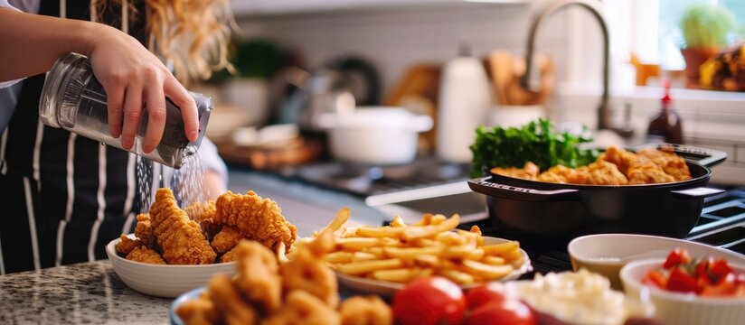 A woman pours out homemade, healthy potato waffle fries and chicken nuggets from an air fryer onto a countertop. Convenient and low-fat snack.