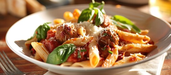 Italian penne pasta with spicy tomato sauce, meatballs, and basil and parmesan toppings. - obrazy, fototapety, plakaty