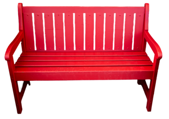 Festive red wooden bench with back and arms, isolated on transparent background
