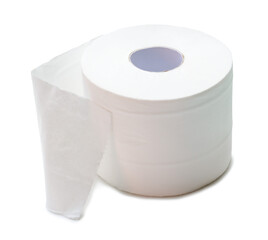 Single roll of white tissue paper or napkin prepared for use in toilet or restroom isolated on white background with clipping path