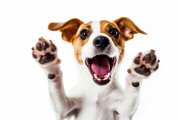 Cute puppy jack russel dog showing its paws and smiling, white background.