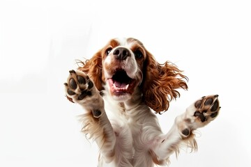 Happy puppy spaniel dog showing its paws and smiling, white background.
