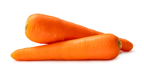 Two fresh orange carrots in stack isolated on white background with clipping path