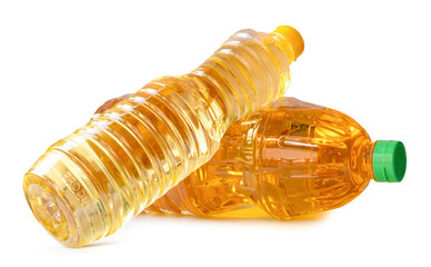 Two bottle of vegetable oils in stack isolated on white background with clipping path and shadow in...