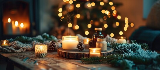 Christmas home ambiance with a pine aroma diffuser, organic essential oils, and candles on a wooden table. Warm and festive atmosphere, wintry inspiration.
