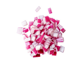 Top view of red or purple onion slices isolated on white background with clipping path in png file...