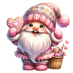 Charming Gnome Holding Heart-shaped Cookie Valentine Watercolor Clipart Illustration