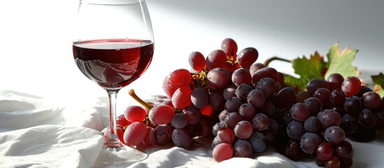 Red wine glass and grapes isolated on white.