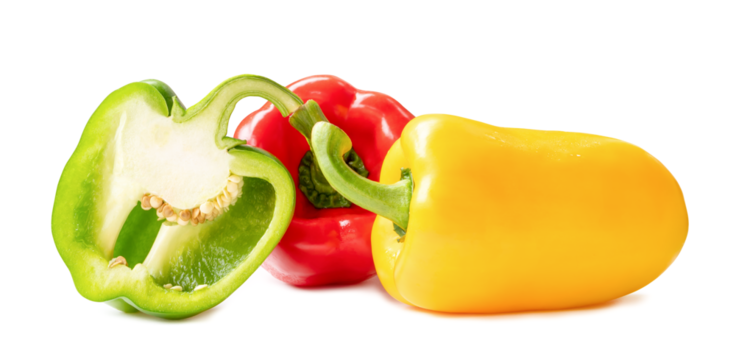 Front side view of fresh red and yellow bell pepper or sweet pepper with green half isolated on white background with clipping path and shadow in png file format. Bulgarian pepper