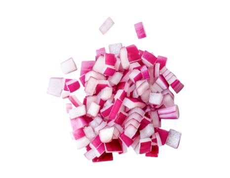 Top view of red or purple onion slices isolated on white background with clipping path in png file format. Onion chopped