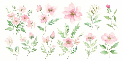 Fototapeta premium Set watercolor flowers and leaves.