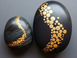 A black and gold painted pebble, overhead view