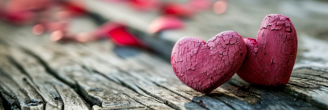 Two pink hearts on wooden background, romantic concept with beautiful bokeh.