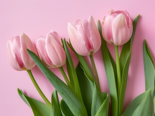 Fototapeta premium Pink tulips on pink background, top view.
