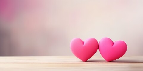 Two pink hearts on light background, copy space