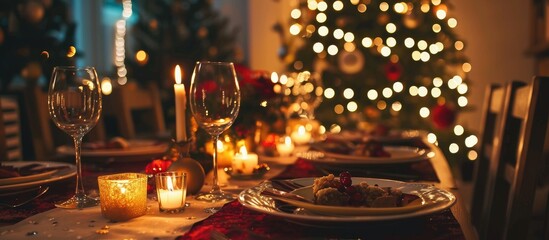 Cozy Christmas dinner at home with a romantic table setup at night.