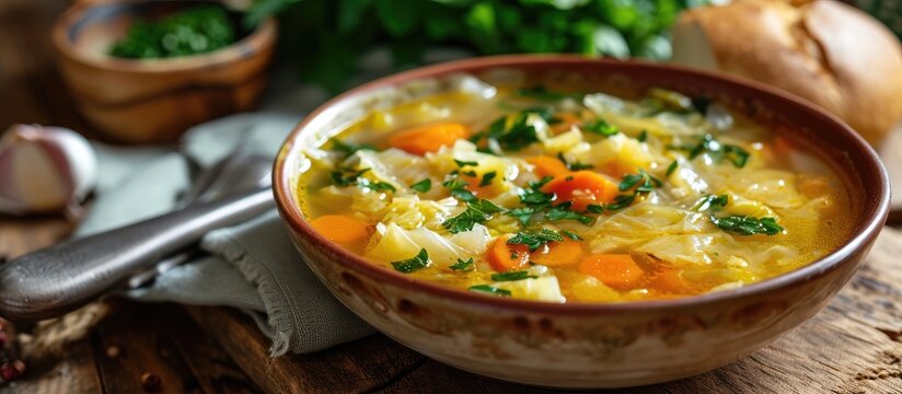 Classic cabbage soup on a wooden table.