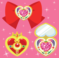 ilustracion vectorial de broche y espejo compacto de maquillaje con forma de corazon rojo con dorado © yessebel