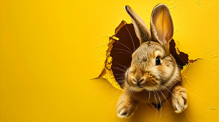 Easter bunny rabbit crawls out of a hole in the yellow wall. Copy space.