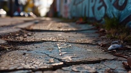 Fototapeta premium A cracked sidewalk with a faded 