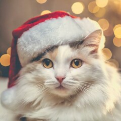 Turkish Angora Elegance: Cat in a Santa Claus Hat Rings in the New Year with Grace
