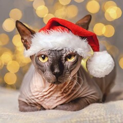 Sphinx Splendor: Cat in a Santa Claus Hat Welcomes the New Year with Elegance