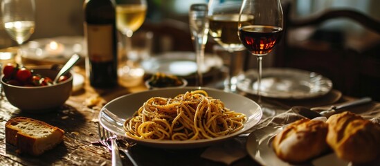 Truffled spaghetti with wine, breadsticks, and a table setup. - obrazy, fototapety, plakaty