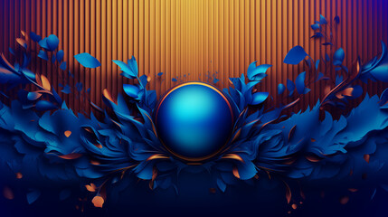 Blue 3d background with leaves and a ball.