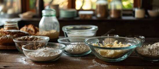 Used glass bowls to measure ingredients for baking bread pudding.