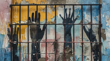 A faded mural depicting hands reaching for each other through prison bars, representing the call...