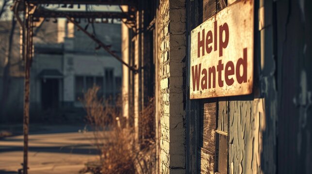 A faded "Help Wanted" sign in a deserted storefront, representing the scarcity of job opportunities.