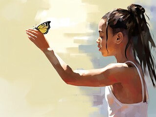 Watercolor illustration of a happy young woman soaking up the sunshine and making friends with a passing butterfly