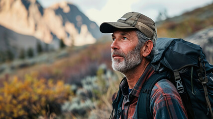 Fototapeta premium A middle-aged european man is walking in the mountains on vacation for exercise and being with nature. Exercise ideas for good health and being mindful of nature, generative ai