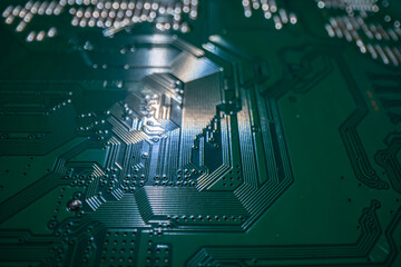 Circuit board background. Electronic circuit board texture. Computer technology, digital chip, electronic pattern. Tech texture. Technology system with digital data.