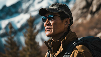 A middle-aged Asian man is walking in the mountains on vacation for exercise and being with nature. Exercise ideas for good health and being mindful of nature, generative ai