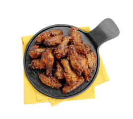 Tray with tasty roasted chicken wings isolated on white, top view