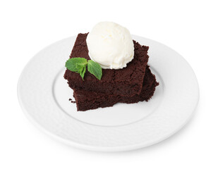Fototapeta na wymiar Tasty brownies with ice cream and mint isolated on white