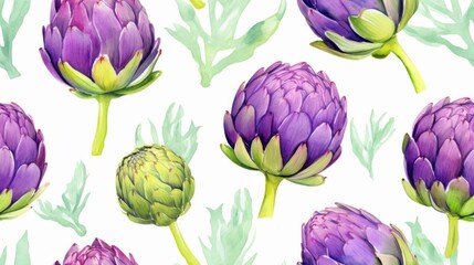 Fototapeta premium Fresh Organic Artichoke Vegetable Watercolor Horizontal Seamless Background. Healthy Vegetarian Diet. Ai Generated Seamless Background with Delicious Juicy Artichoke Vegetable Bright Drawing.