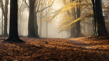 An autumn forest landscape with a carpet of fallen leaves and mist weaving through the trees.