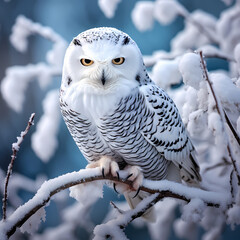 A majestic snowy owl perched on a snow-covered branch