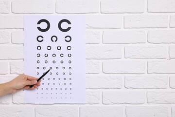 Ophthalmologist pointing at vision test chart on white brick wall, closeup. Space for text - obrazy, fototapety, plakaty