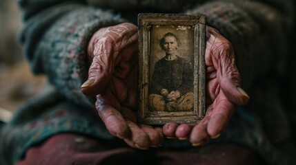 A weathered pair of hands holding a vintage photograph, representing the passage of time and the memories that endure. - obrazy, fototapety, plakaty