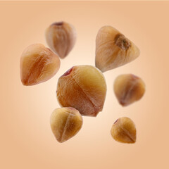 Buckwheat flying on light orange background. Grains in air