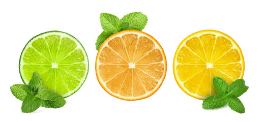 Fresh citrus fruits and green mint isolated on white, collection