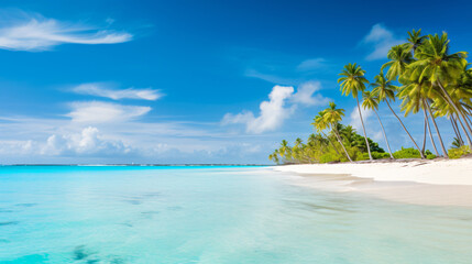 A tropical beach landscape with palm trees white sand and turquoise waters under a sunny sky.