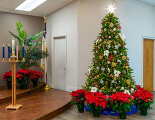 Fototapeta na wymiar christmas tree and poinsettias in church
