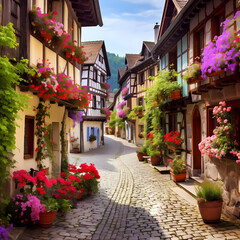 Fototapeta na wymiar Charming village square with cobblestone paths and vibrant flowers