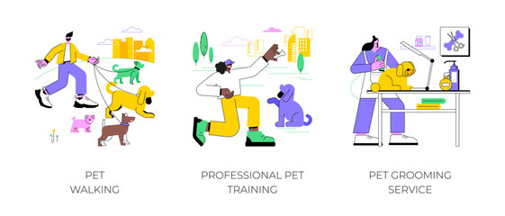 Pet care services isolated cartoon vector illustrations set. Professional pet walker with diverse breeds, dog obedience training service, grooming domestic animals at home, vector cartoon.