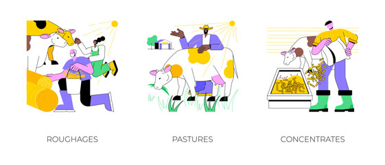 Feeds for livestock isolated cartoon vector illustrations set. Group of farmers with pasture forages, using roughages, cows eating grass in the pasture, feeding with concentrates vector cartoon.